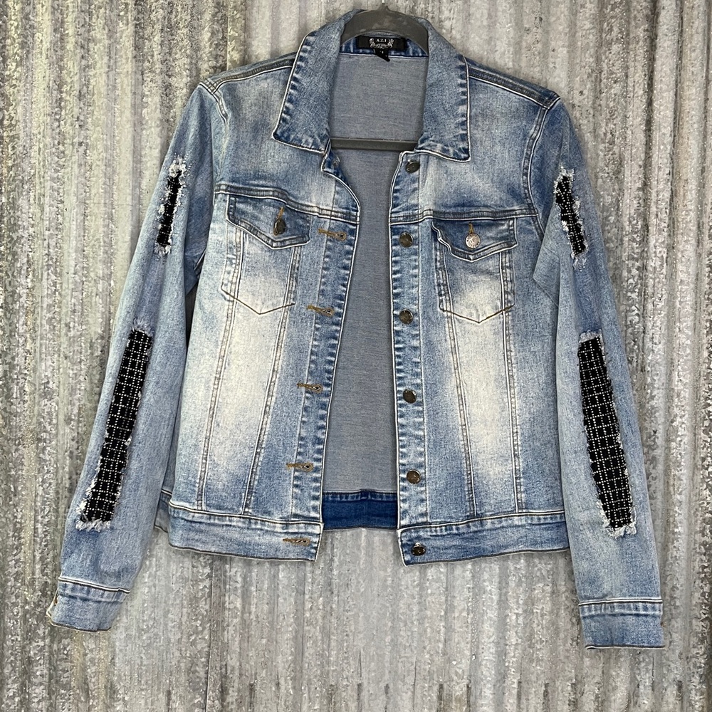 Stylish Blue Jean Jacket with Black Accents